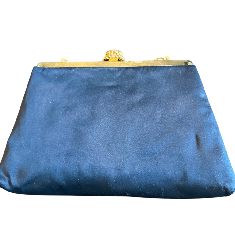 Vintage 1950s Black Satin Evening Purse with Ornate Gold Enamel Frame - Picture 5 of 8